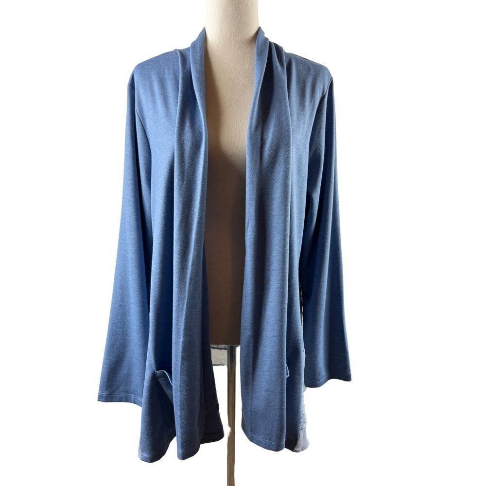 LOGO Lounge Lori Goldstein Mixed Media Open Front Cardigan Chiffon Hem XL Blue